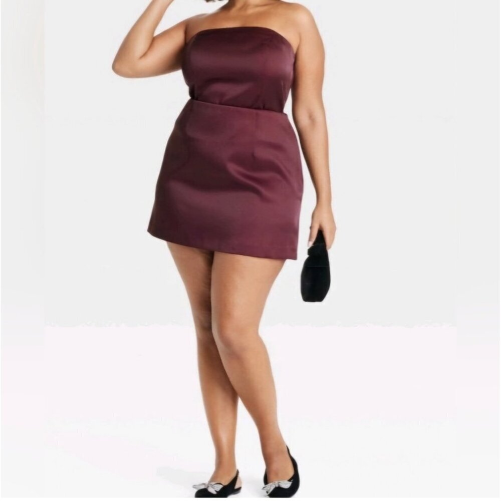 A.New Day Mini Satin Skirt Burgundy Size 17 NWT